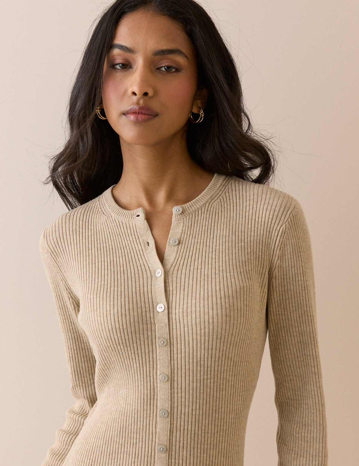Beige Ribbed Knitted Midi Dress
