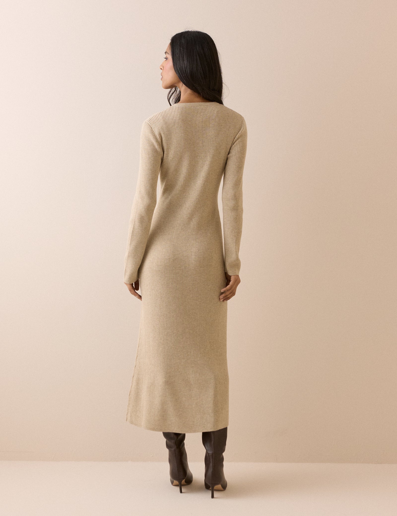 Beige Ribbed Knitted Midi Dress