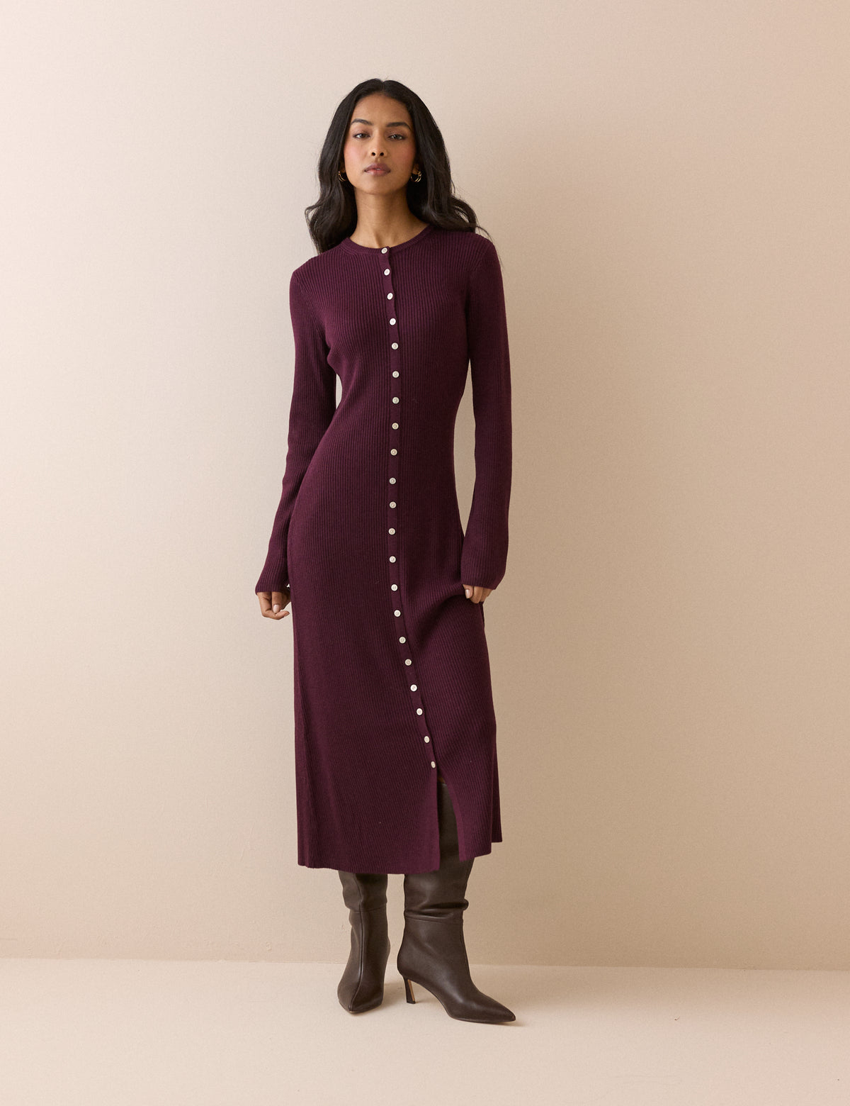 Burgundy Ribbed Knitted Midi Dress