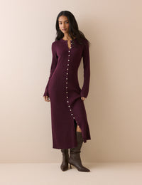Burgundy Ribbed Knitted Midi Dress