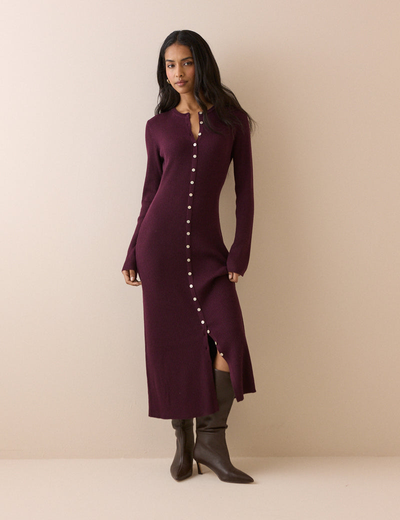 Burgundy Ribbed Knitted Midi Dress