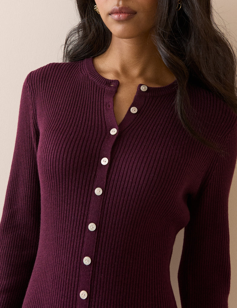 Burgundy Ribbed Knitted Midi Dress