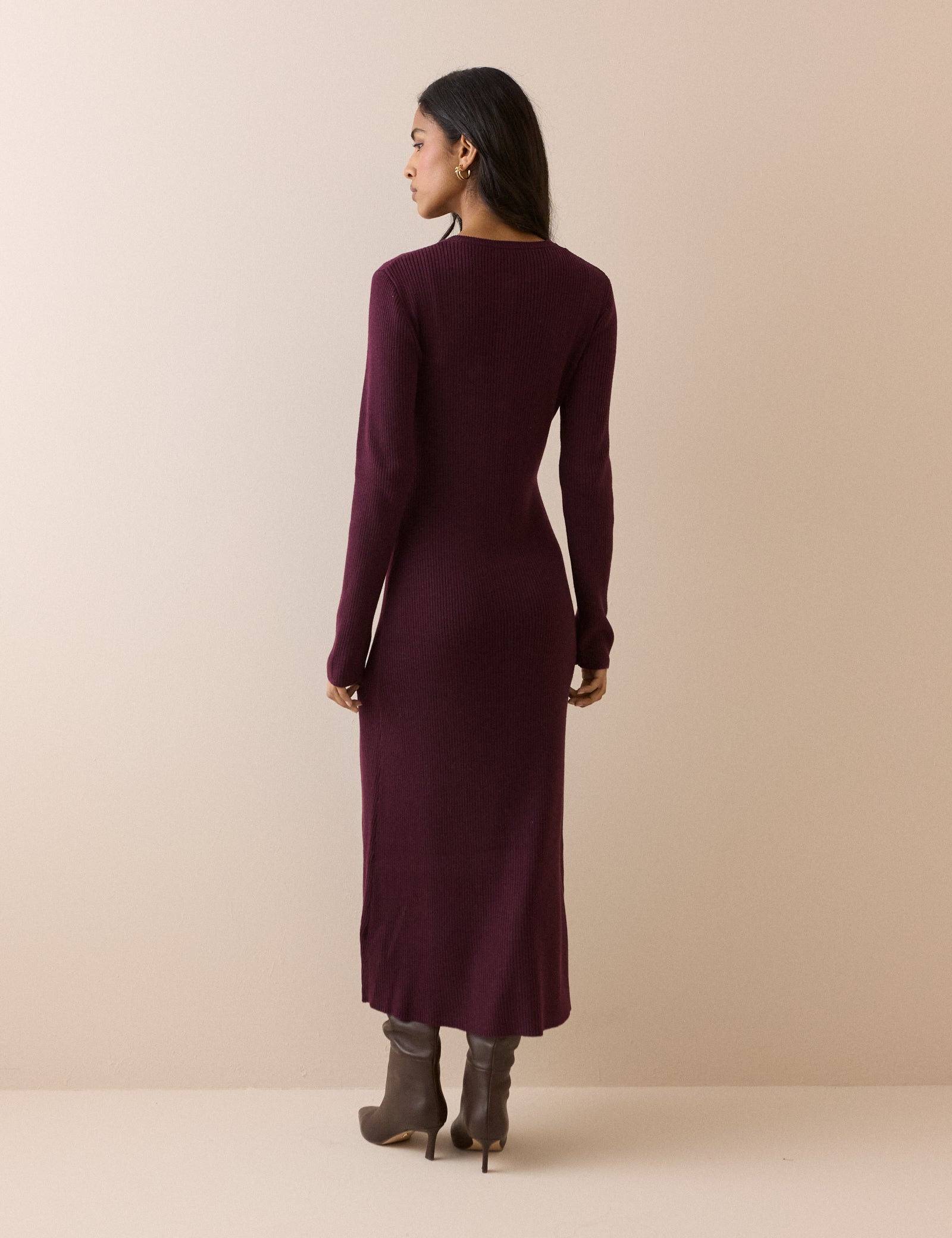 Burgundy Ribbed Knitted Midi Dress