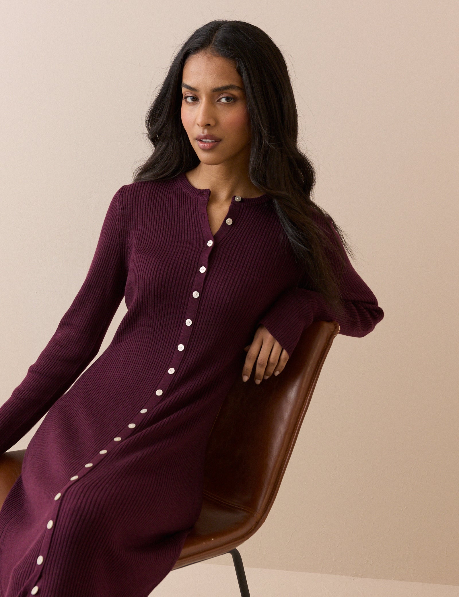 Burgundy Ribbed Knitted Midi Dress