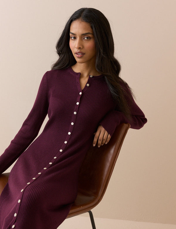 Burgundy Ribbed Knitted Midi Dress