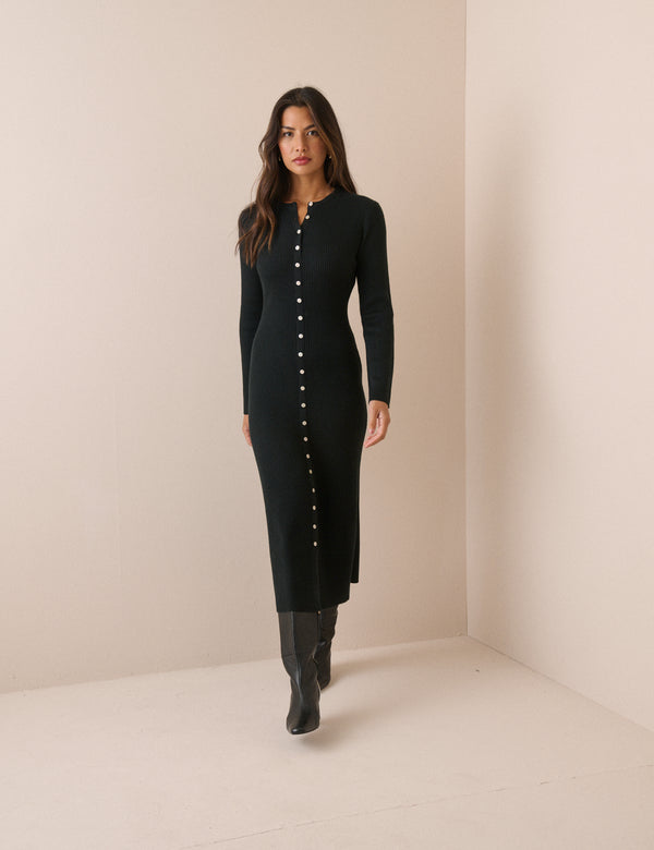 Black Ribbed Knitted Midi Dress