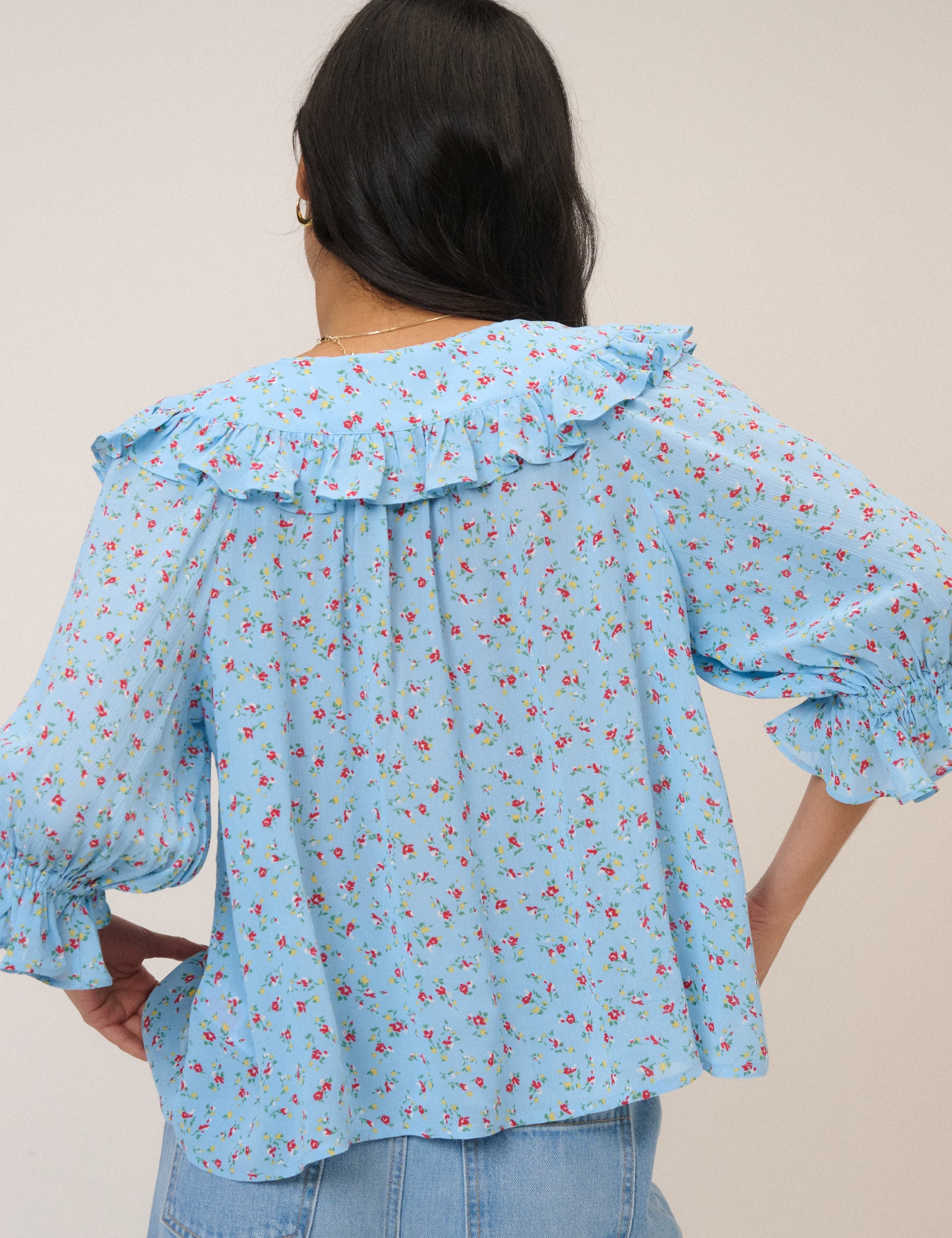 Blue Floral Frill Blouse