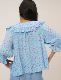 Blue Floral Frill Blouse