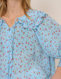 Blue Floral Frill Blouse