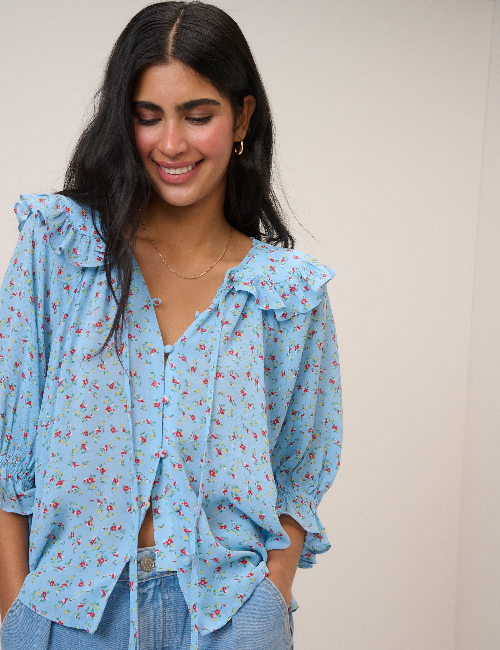 Blue Floral Frill Blouse