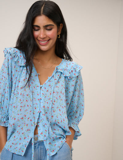 Blue Floral Short Sleeve Blouse