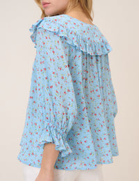 Blue Floral Frill Blouse