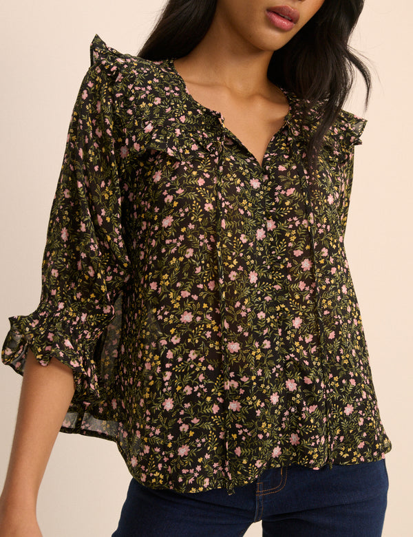Black Floral Short Sleeve Blouse
