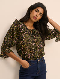Black Floral Short Sleeve Blouse