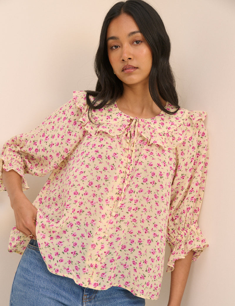 Cream and Pink Floral Short Sleeve Blouse