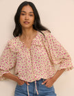 Cream and Pink Floral Short Sleeve Blouse