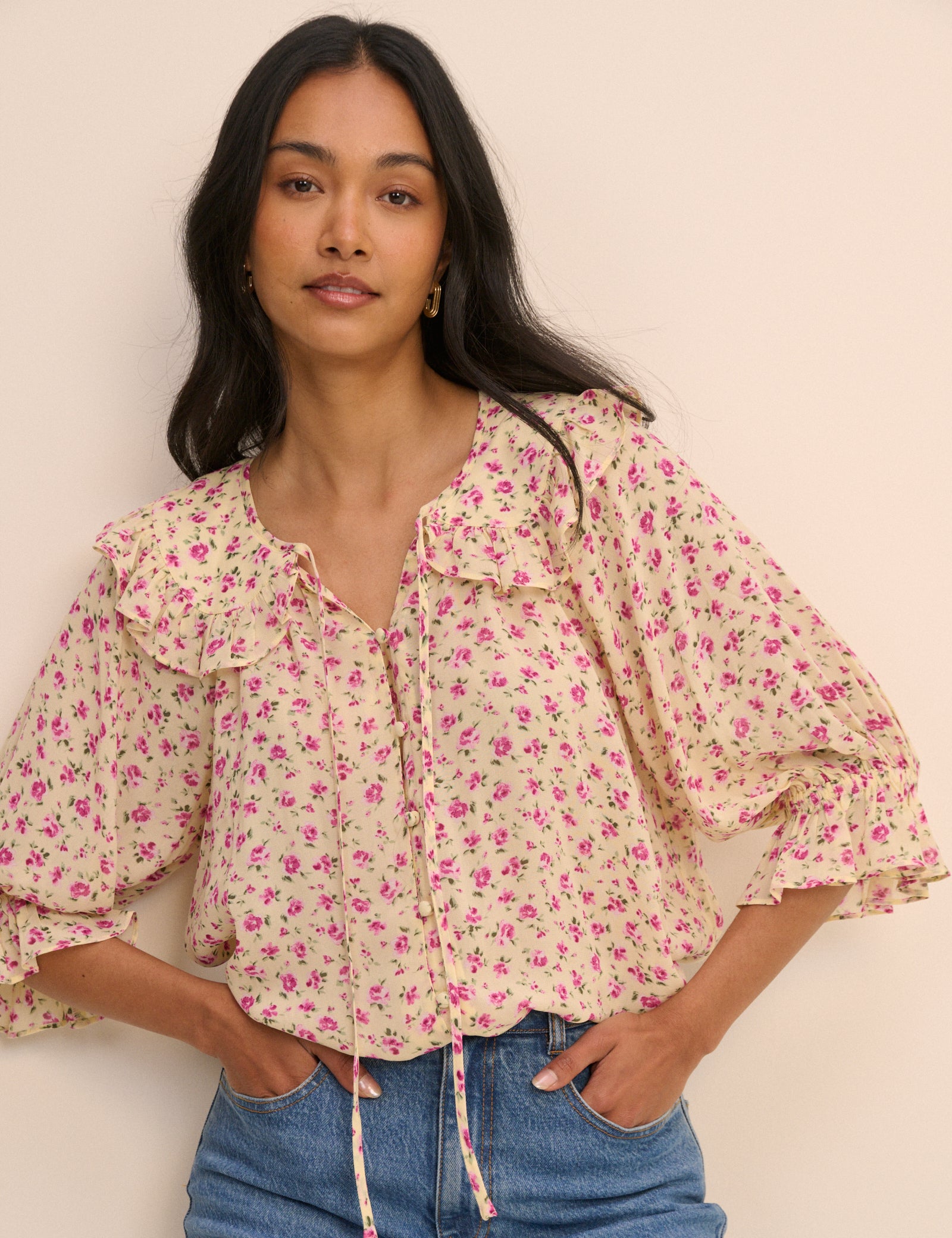 Cream and Pink Floral Short Sleeve Blouse