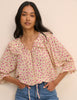 Cream and Pink Floral Short Sleeve Blouse