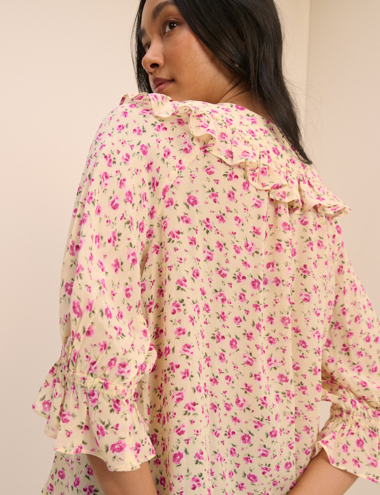 Cream and Pink Floral Short Sleeve Blouse