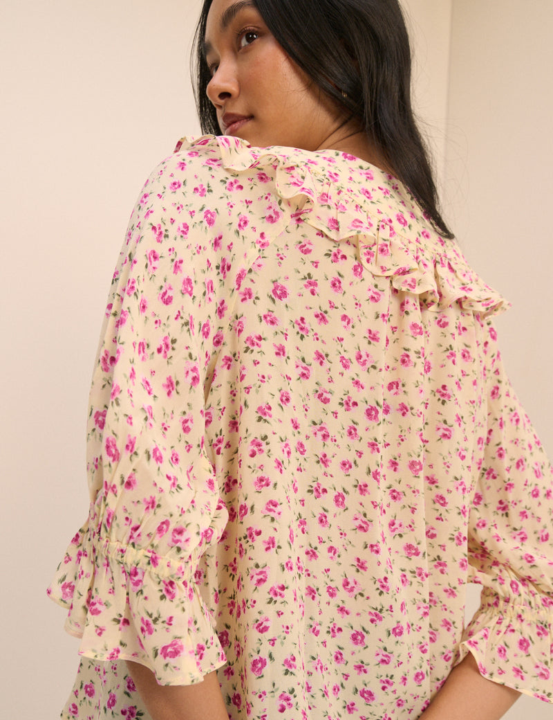 Cream and Pink Floral Short Sleeve Blouse