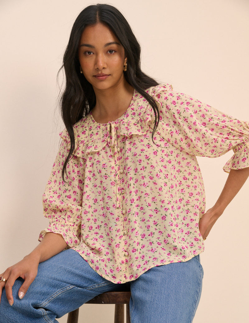 Cream and Pink Floral Short Sleeve Blouse