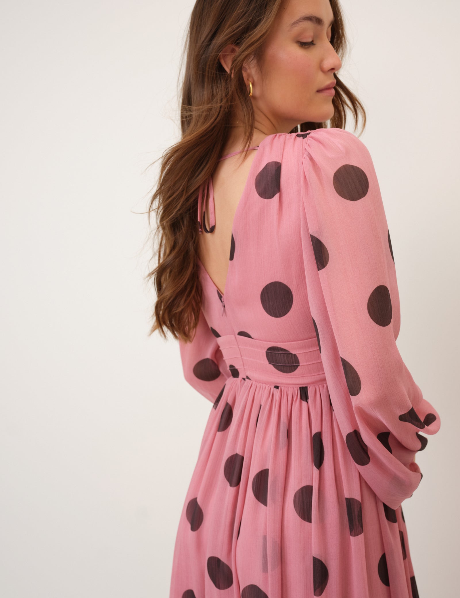 Pink Polka Dot Balloon Sleeve Anya Midi Dress