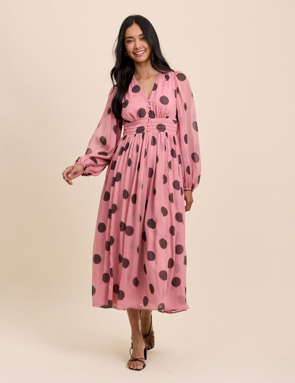 Pink Polka Dot Balloon Sleeve Anya Midi Dress