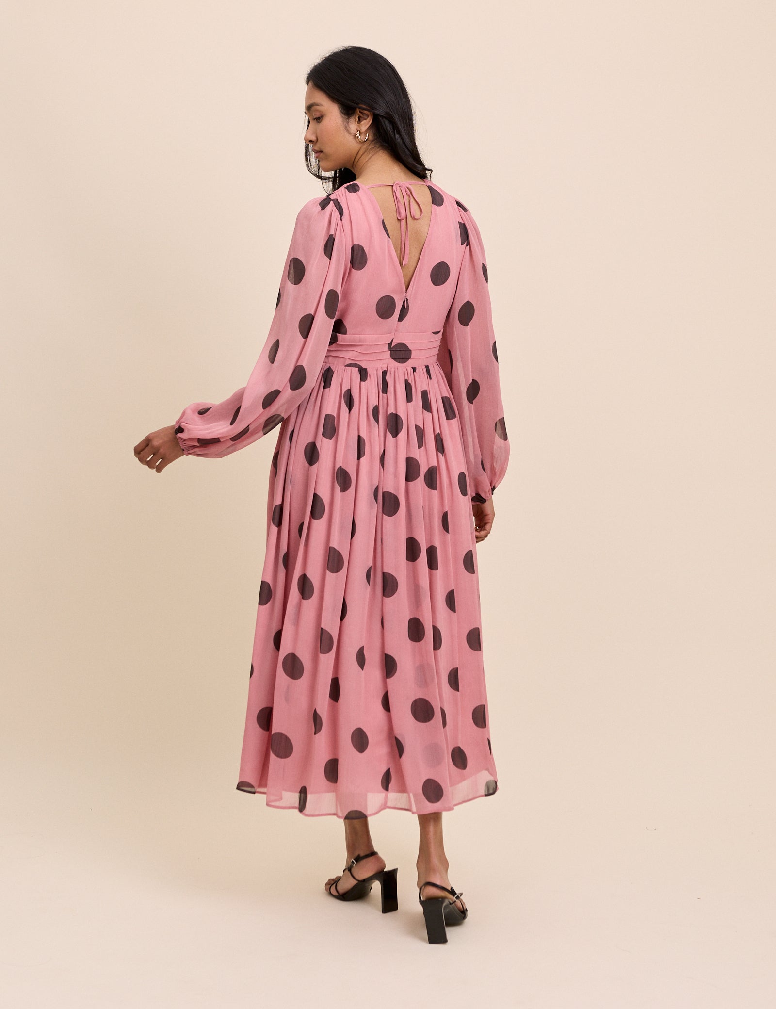 Pink Polka Dot Balloon Sleeve Anya Midi Dress