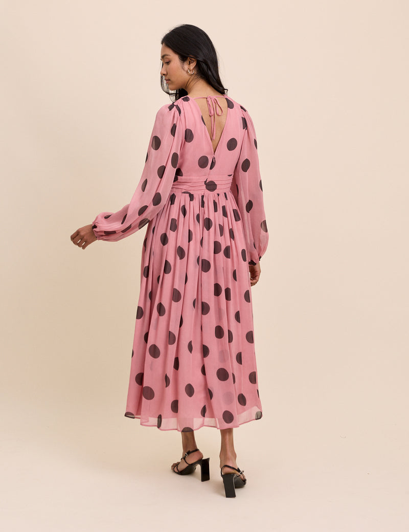 Pink Polka Dot Balloon Sleeve Anya Midi Dress