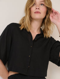 Black Linen-Blend Cropped Shirt