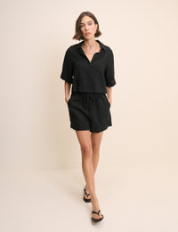 Black Linen-Blend Cropped Shirt