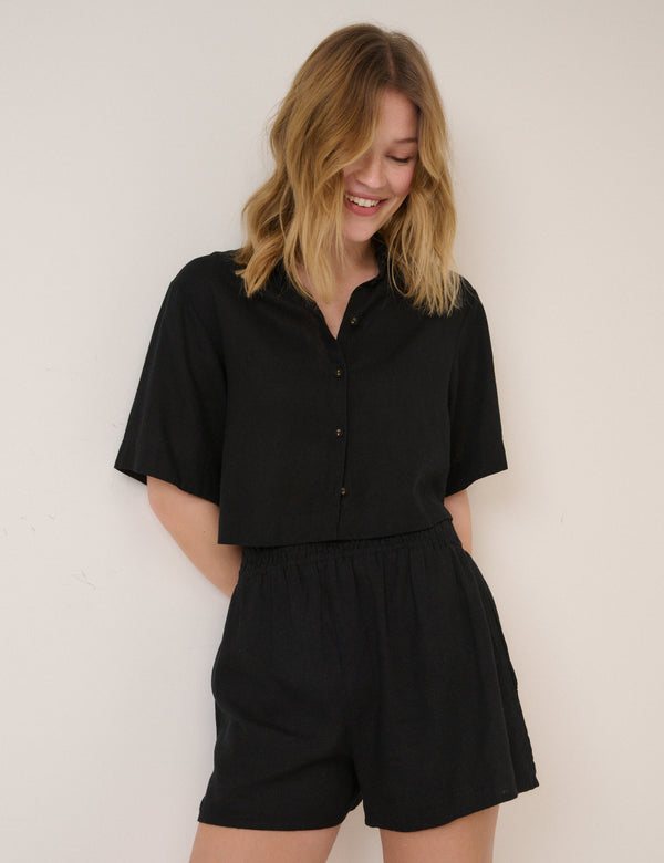 Black Linen-Blend Cropped Shirt