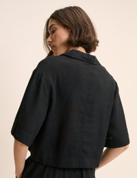 Black Linen-Blend Cropped Shirt