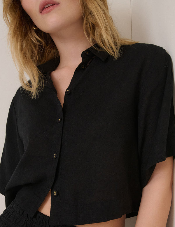 Black Linen-Blend Cropped Shirt