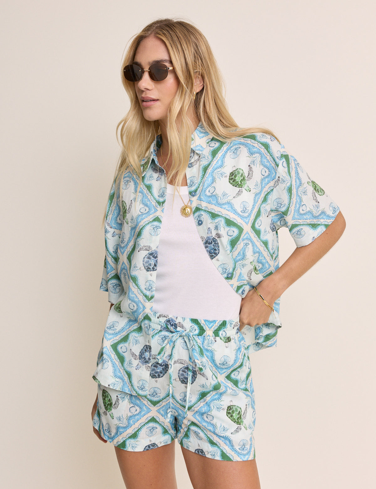 Blue Ocean Print Linen-Blend Shirt