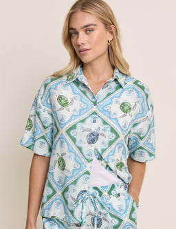 Blue Ocean Print Linen-Blend Shirt