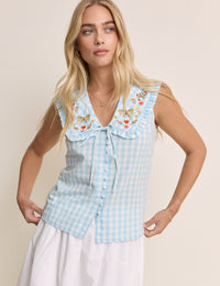 Blue Gingham Embroidered Collared Blouse