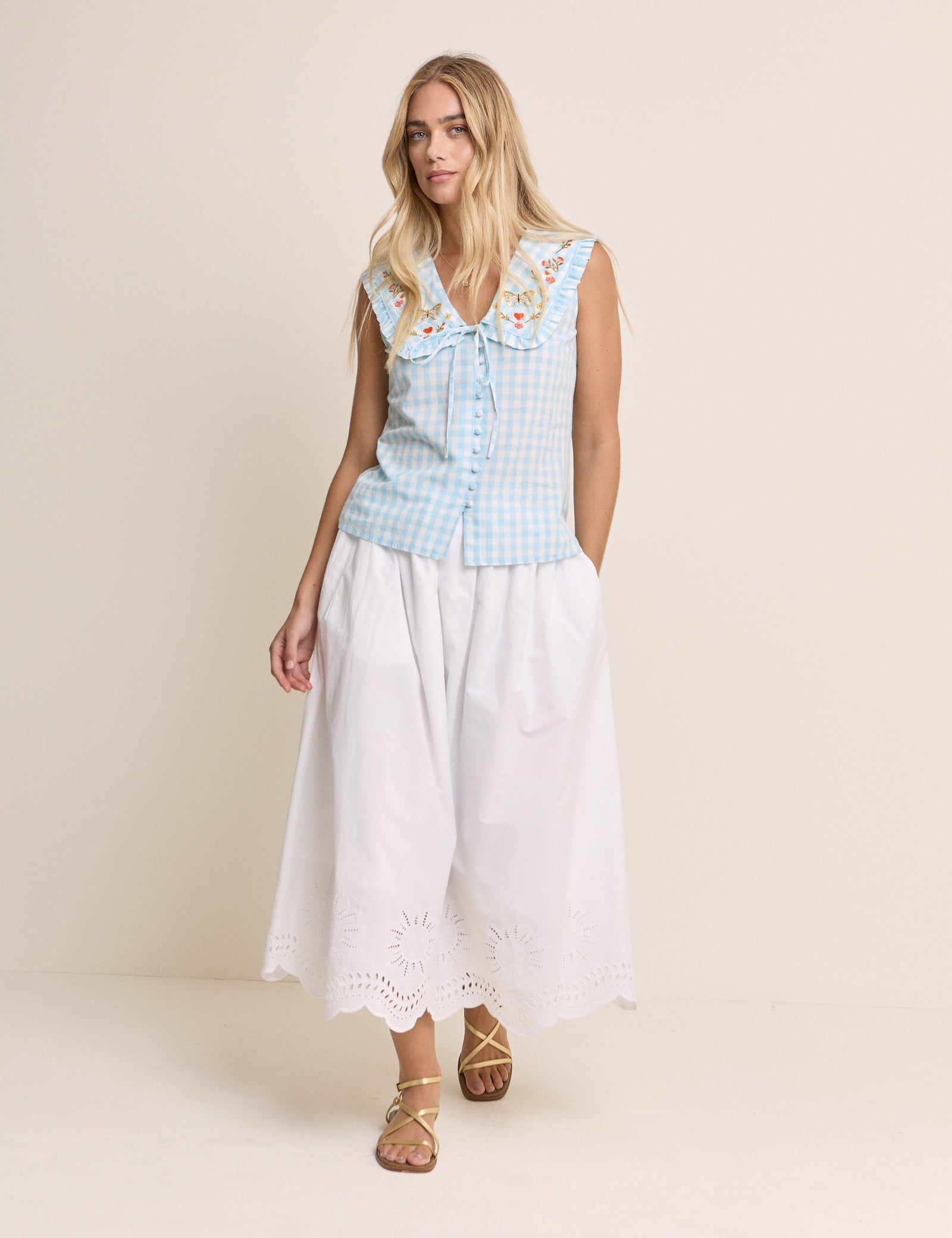 Blue Gingham Embroidered Collared Blouse