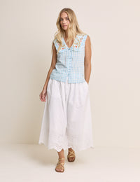 Blue Gingham Embroidered Collared Blouse