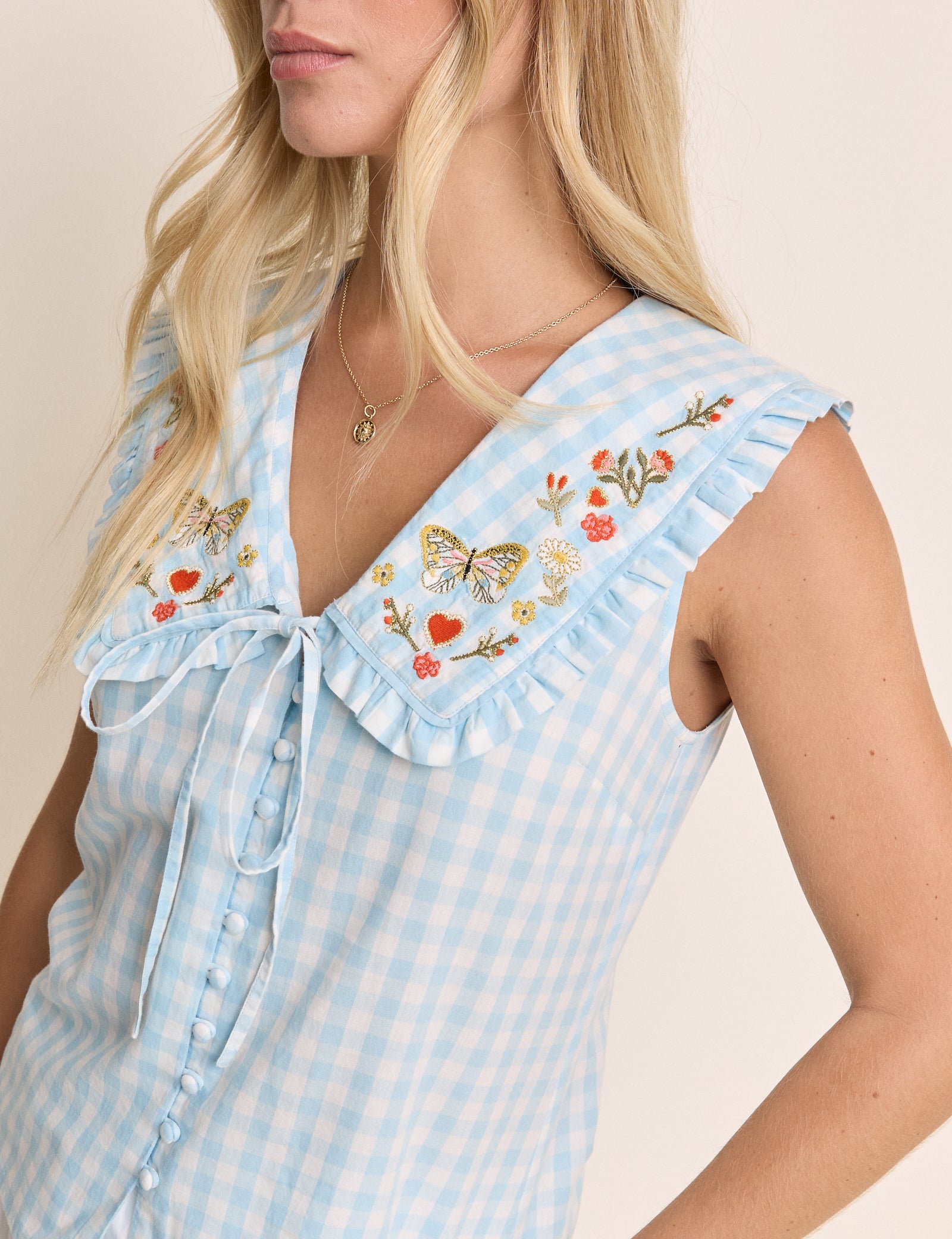 Blue Gingham Embroidered Collared Blouse