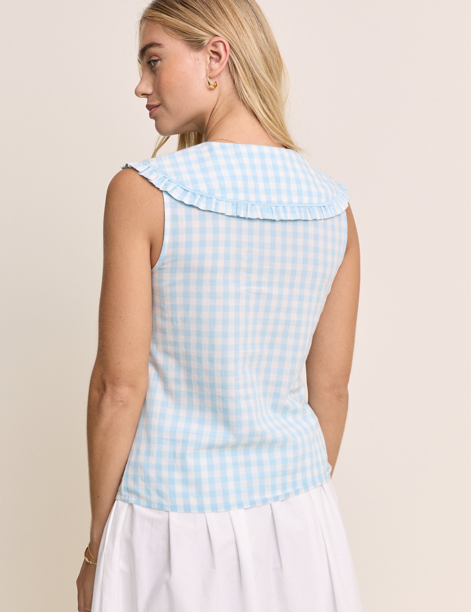Blue Gingham Embroidered Collared Blouse