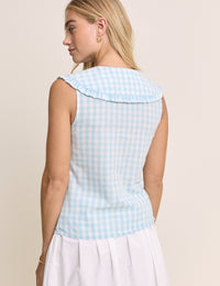 Blue Gingham Embroidered Collared Blouse