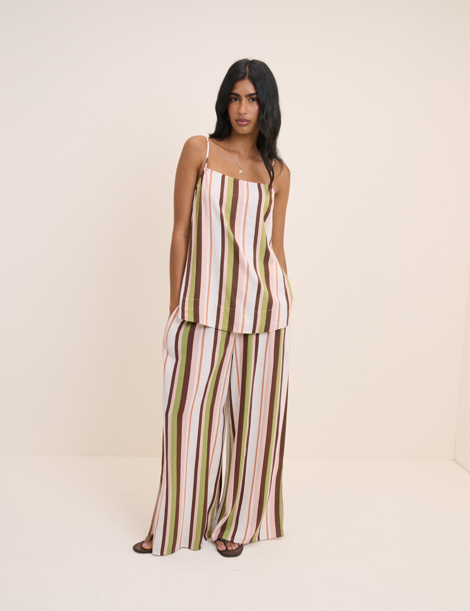 Multi-Coloured Striped Longline Linen-Blend Cami Top