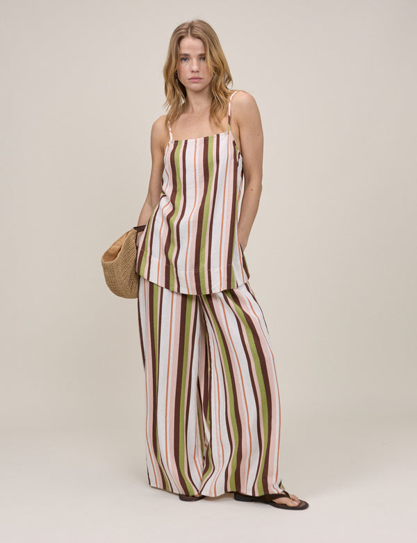Multi-Coloured Striped Longline Linen-Blend Cami Top