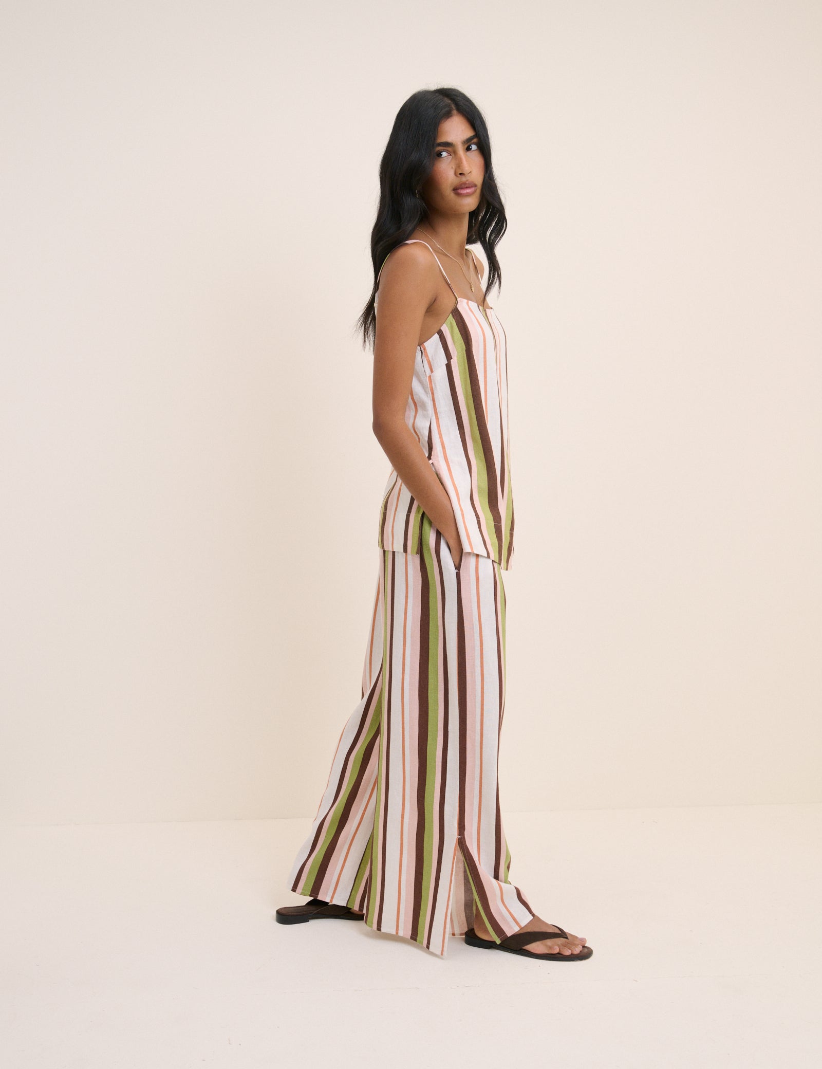 Multi-Coloured Striped Longline Linen-Blend Cami Top