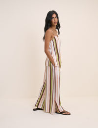 Multi-Coloured Striped Longline Linen-Blend Cami Top