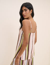 Multi-Coloured Striped Longline Linen-Blend Cami Top
