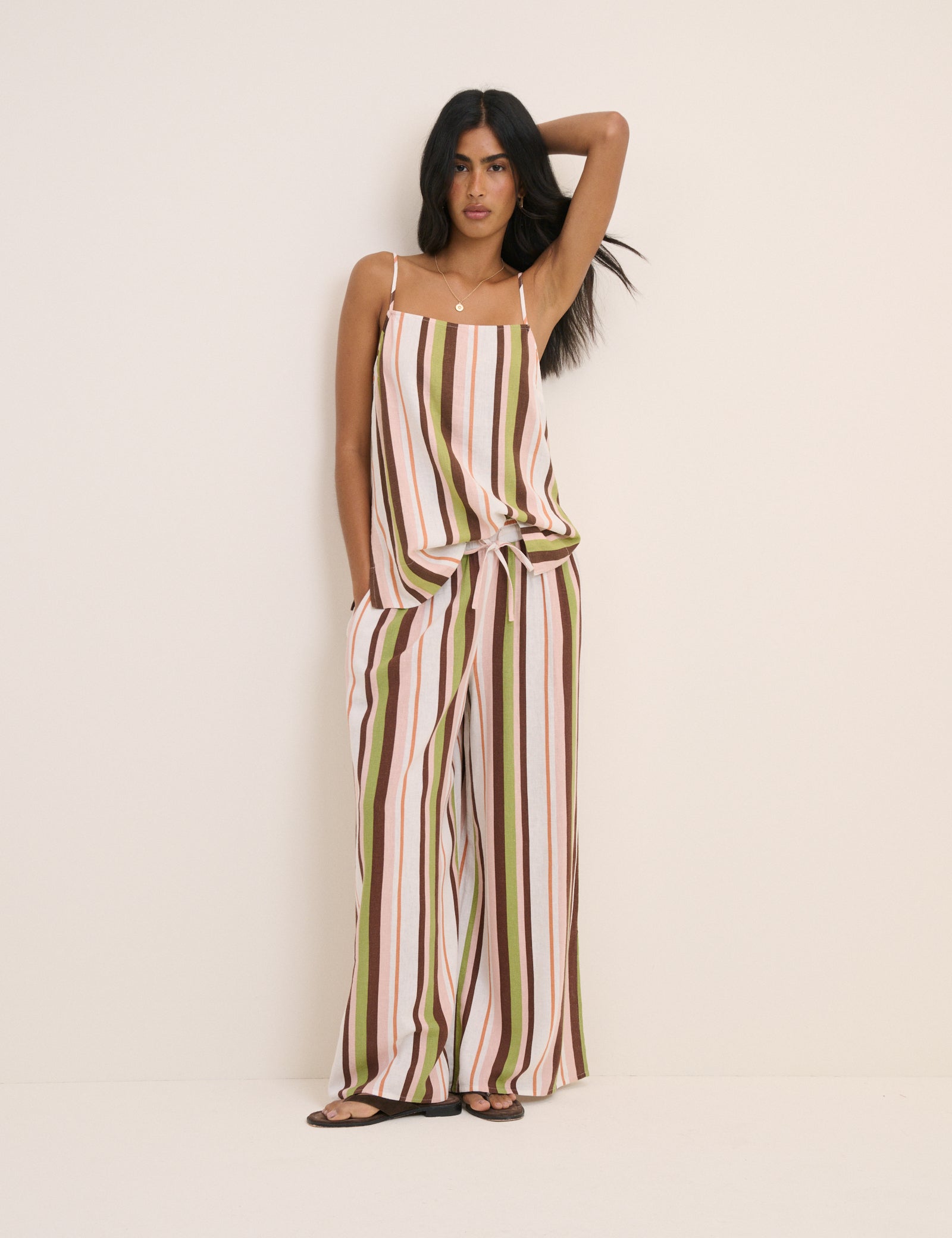 Multi-Coloured Striped Longline Linen-Blend Cami Top