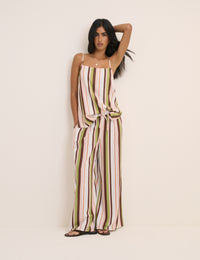 Multi-Coloured Striped Longline Linen-Blend Cami Top
