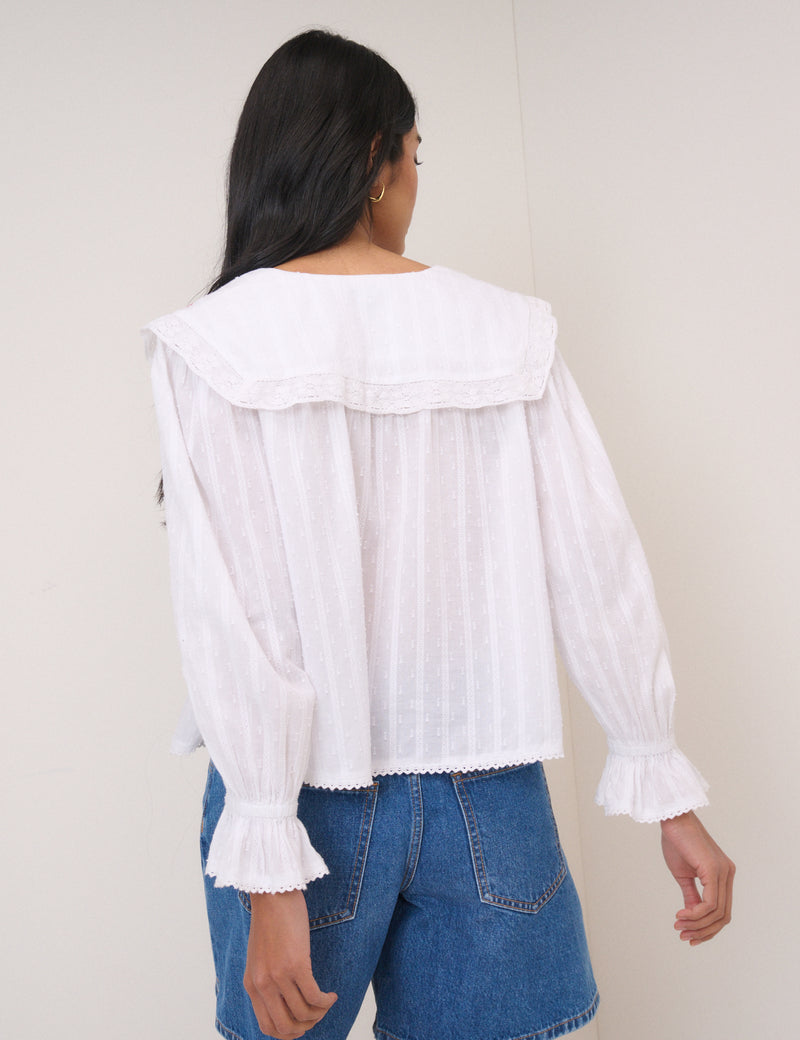 White Floral Collar Embroidered Blouse